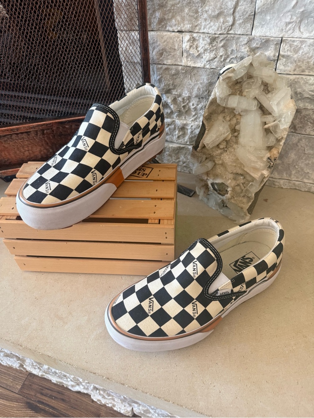 Vans Stacked Checkerboard Slip-On Sneakers - Black & White with Tan Accents - Picture 3 of 5